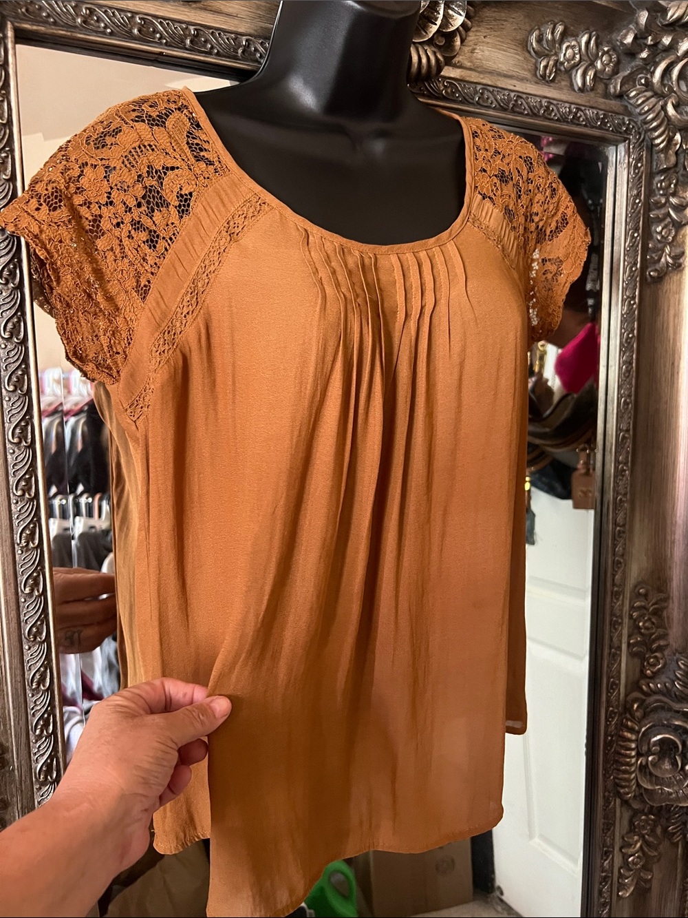 Maurices Lace Cap Sleeve Pleated Top — Rust Orange